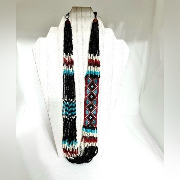Southwestern Geometric‎ Pattern Seed Beaded Multi Strand Necklace - Picture 5 of 8